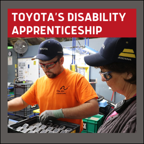 Toyota's Disability Apprenticeship. Man wearing an orange t-shirt with The Arc logo putting items in a box, woman is supervising next to him. 
										